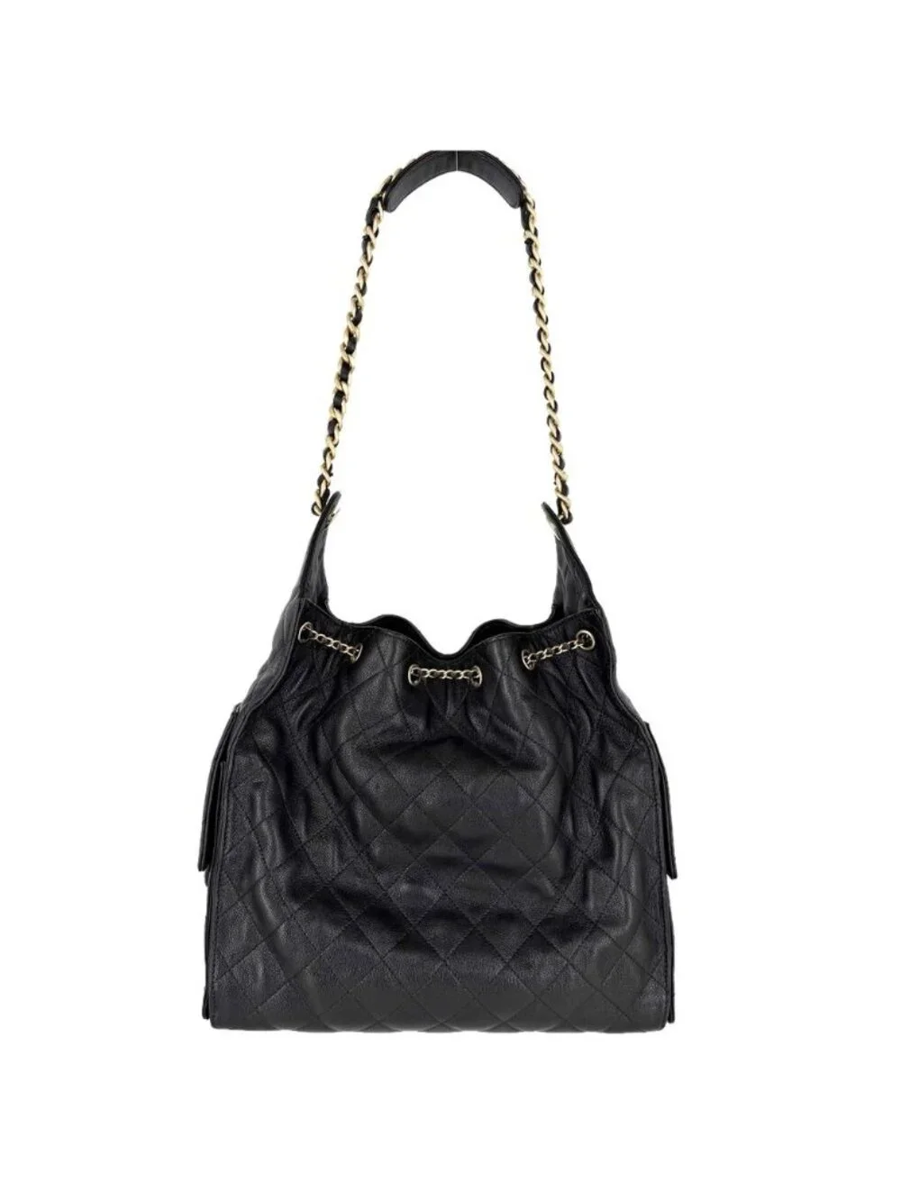 Chanel Handbag Quilted 25 Shoulder Bag CC Logo Caviar Leather Black Gold Vintage
